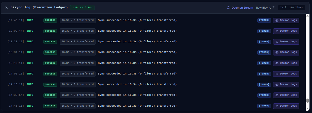 Bisync Execution Log Panel