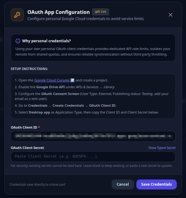 Google Drive OAuth Configuration Modal