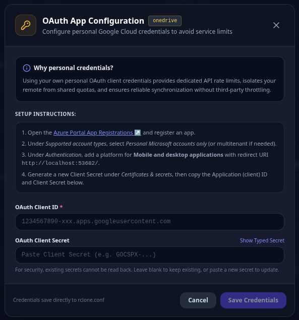 Microsoft OneDrive OAuth Configuration Modal